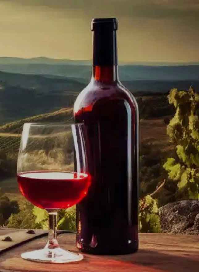 image of close wine glass and bottle with wine county field view